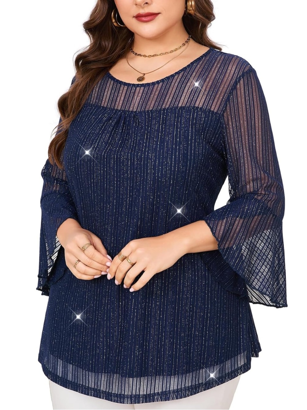 Plus Size Navy Sparkle Sheer Sleeve Women's Blouse